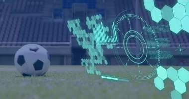 Futbol üzerinden tarama ve veri işleme görüntüsü. Küresel spor ve dijital arayüz kavramı dijital olarak oluşturulmuş görüntü.