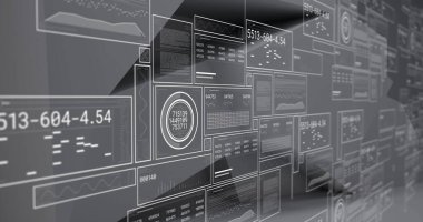 Gri arkaplanda veri işleme resmi. Küresel veri işleme, dijital arayüz ve bağlantılar konsepti dijital olarak oluşturulmuş resim.