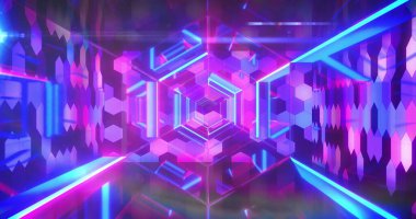 Dijital tünelde hareket eden neon şekilleri. Soyut arkaplan, geçmişe dönük gelecek ve dijital olarak oluşturulmuş görüntü konsepti.