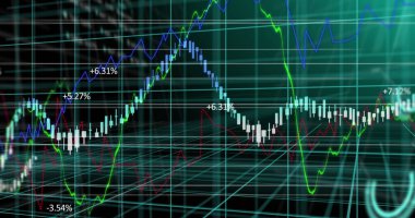 Siyah zemin üzerinde veri işleme grafiklerinin resmi. Küresel iletişim, iş, finans ve veri arayüzü kavramı dijital olarak oluşturulmuş görüntü.