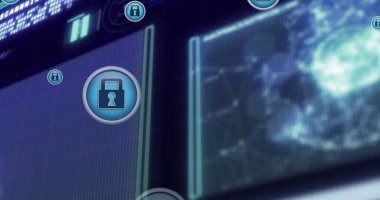 Arayüzdeki dijital simge ve veri işleme resimleri. dijital arayüz, iletişim ve teknoloji konsepti dijital olarak oluşturulmuş görüntü.