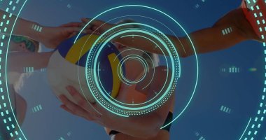 Voleybol oynayan beyaz kadınları tarayan bir teleskop görüntüsü. Küresel spor ve dijital arayüz kavramı dijital olarak oluşturulmuş görüntü.