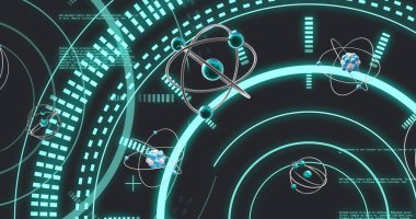 Atom modellerinin siyah arkaplandaki ışık izlerinin üzerindeki mikro görüntüsü. Küresel bilim, araştırma ve bağlantılar konsepti dijital olarak oluşturulmuş görüntü.