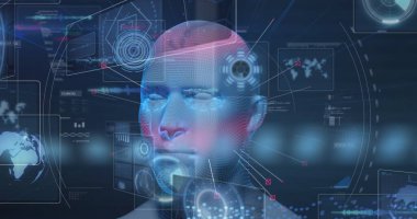 İnsan kafası ve veri işleme arayüzünün dönen modelinin görüntüsü. dijital arayüz, iletişim ve teknoloji konsepti dijital olarak oluşturulmuş görüntü.