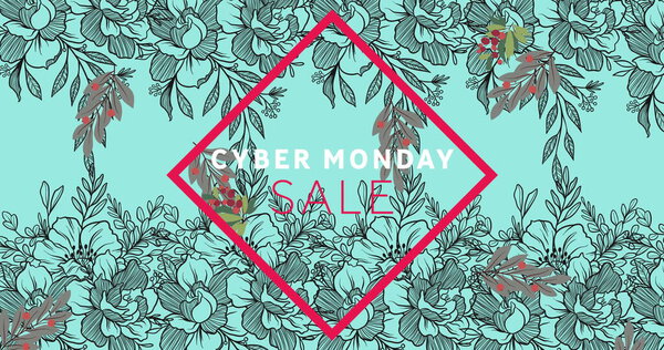 Image of cyber monday sale text in red frame over flowers moving in hypnotic motion. retail, sales and savings concept digitally generated image.