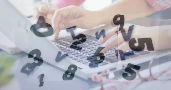 Image Words Numbers Changing Woman Using Laptop Education Learning Concept — Stock Photo, Image