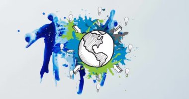 Mavi boya sıçraması üzerine küre ve ampullerin animasyonu. Perakende, çevrimiçi alışveriş, dijital arayüz, fikirler, bağlantı ve küresel iletişim, dijital olarak oluşturulmuş video.