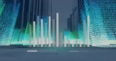 Şehir manzarası üzerinde finansal veri işleme animasyonu. Küresel iş, bağlantılar, hesaplama ve veri işleme kavramı dijital olarak oluşturulmuş video.
