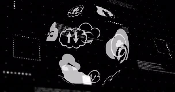 Animación Globo Con Iconos Nube Procesamiento Datos Sobre Fondo Negro — Vídeo de stock