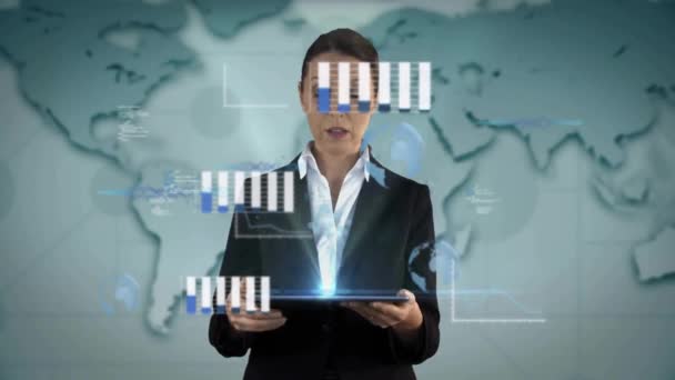 Animation Data Processing Caucasian Businesswoman Using Tablet World Map Global — Stock Video