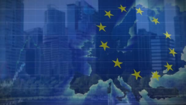 ヨーロッパ連合の旗のアニメーションと都市のオフィスビル上の地図 グローバルビジネス ヨーロッパ市場 コネクション コンピューティング データ処理コンセプト デジタル生成ビデオ — ストック動画
