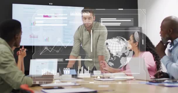 Animation Financial Data Processing Diverse Colleagues Having Meeting Office Global — Stock Video