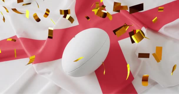 Animacja Konfetti Nad Białą Piłką Rugby Nad Flagą Anglii Rugby — Wideo stockowe
