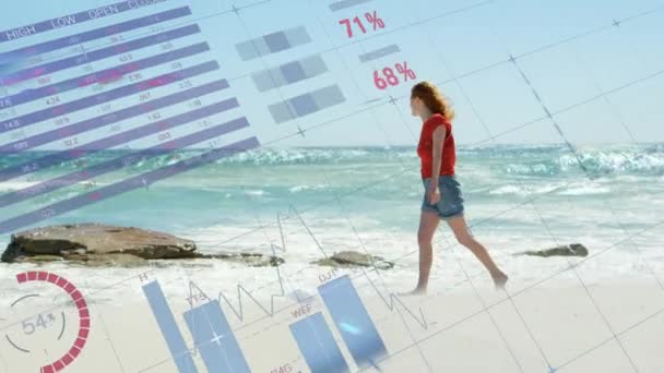 Animation Finansielle Databehandling Løbet Kaukasiske Kvinde Stranden Ved Havet Global – Stock-video