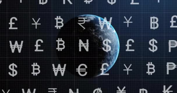 Animación Símbolos Monetarios Procesamiento Datos Digitales Todo Mundo Sobre Fondo — Vídeos de Stock