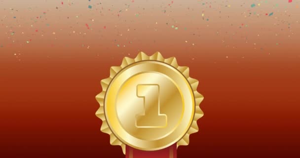 Animação Confete Sobre Medalha Ouro Sobre Fundo Vermelho Conceito Vencedor — Vídeo de Stock
