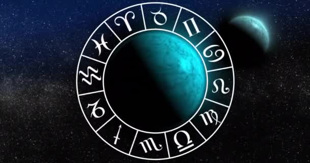 Κινούμενο Σχέδιο Κύκλου Zodiac Σύμβολα Πάνω Από Σφαίρες Μαύρο Φόντο — Αρχείο Βίντεο