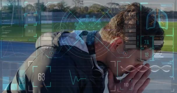 慎重なスポーツマンに対する図と科学データ処理のアニメーション グローバルスポーツ テクノロジー デジタルインターフェースのコンセプトデジタル生成ビデオ — ストック動画