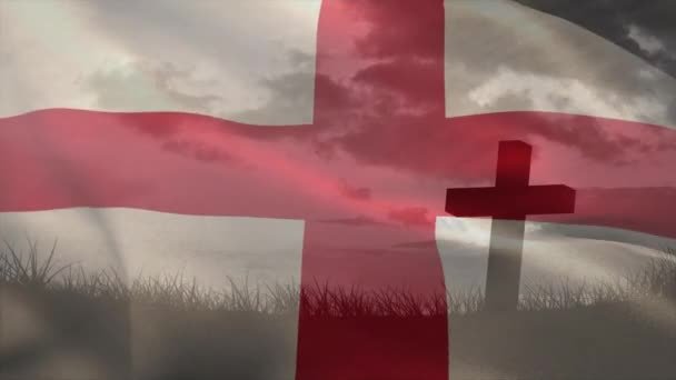 Анимация Флага Англии Над Крестом Глобальный Патриотизм Религиозная Концепция Цифрового — стоковое видео