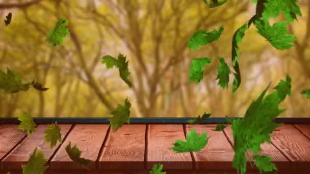Animación Hojas Otoñales Que Caen Sobre Árboles Superficie Madera Otoño — Vídeo de stock