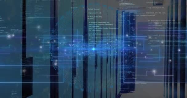 Animering Databehandling Med Neonformer Över Serverrummet Global Teknik Och Digitalt — Stockvideo