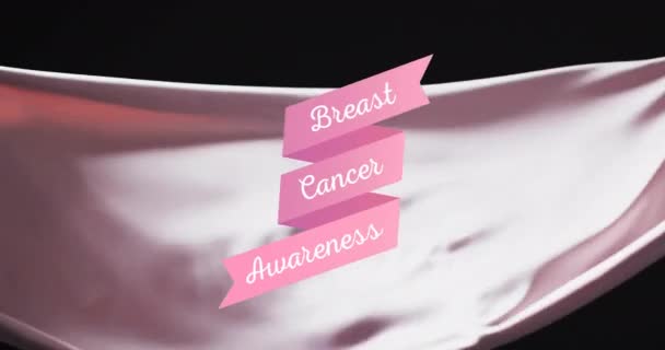 Animação Texto Consciência Câncer Mama Rosa Sobre Soprando Tecido Cinza — Vídeo de Stock
