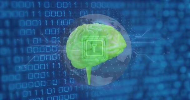 Анимирование Ключевых Иконок Человеческого Мозга Бинарного Кодирования Обработки Данных Глобальный — стоковое видео