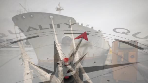 Animación Brújula Con Flecha Apuntando Texto Calidad Sobre Barco Puerto — Vídeos de Stock