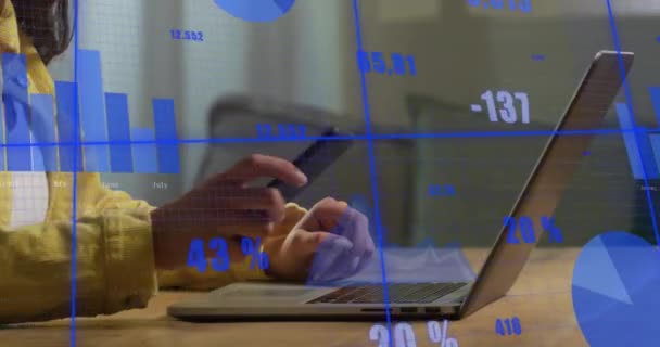 Animation Digital Data Processing Caucasian Woman Using Laptop — Stock Video