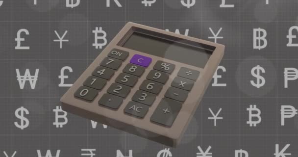 Animation Von Währungssymbolen Und Taschenrechner Auf Grauem Hintergrund Globales Finanz — Stockvideo