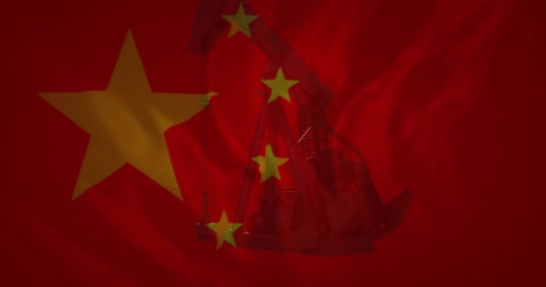 Animáció Kínai Zászló Felett Szivattyúzás Olaj Derrick Kínai Olaj Erőforrások — Stock videók