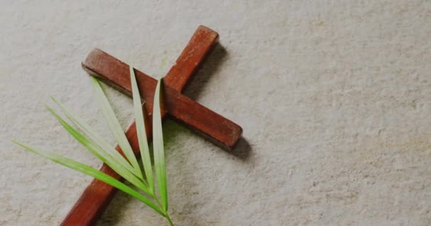 Animace Textu Velikonoční Neděle Přes Kříž Palmový List Šedém Pozadí — Stock video
