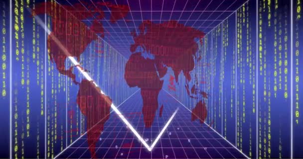 Animatie Van Wereldkaart Binaire Codering Gegevensverwerking Computerservers Mondiale Verbindingen Cloud — Stockvideo