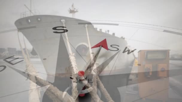 Animação Bússola Com Seta Apontando Para Viajar Texto Sobre Navio — Vídeo de Stock
