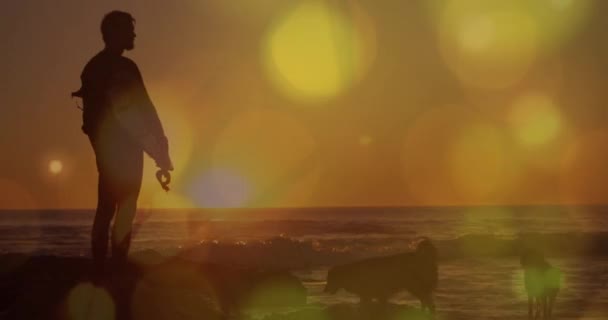 海辺の白人男性に対する光スポットのアニメーション デジタルインターフェースのコンセプトデジタル生成ビデオ — ストック動画