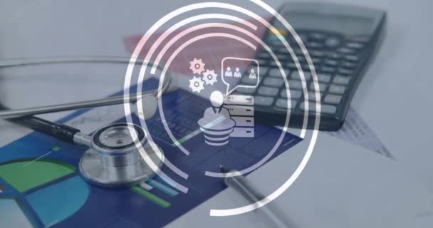 Steteskop Hesap Makinesi Üzerinde Simgelerinin Canlandırılması Küresel Tıp Bağlantılar Dijital — Stok video