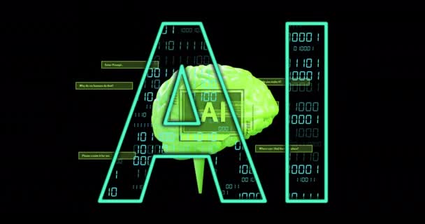 Animazione Testi Cervello Elaborazione Dati Sfondo Nero Intelligenza Artificiale Globale — Video Stock