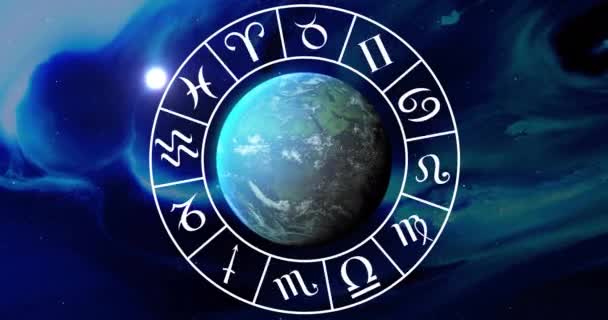 Animering Cirkel Med Zodiak Symboler Över Hela Världen Svart Bakgrund — Stockvideo