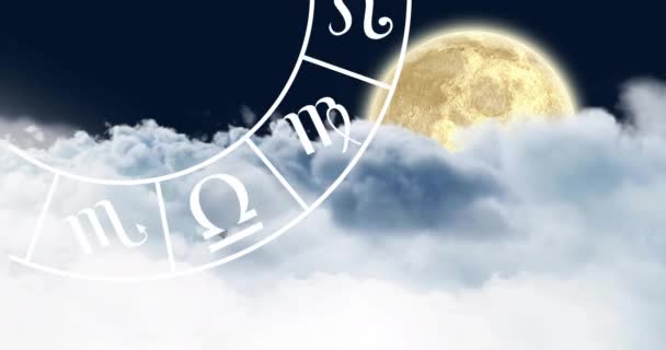 Анимация Знака Зодиака Колесо Гороскопа Над Луной Гороскоп Знак Зодиака — стоковое видео