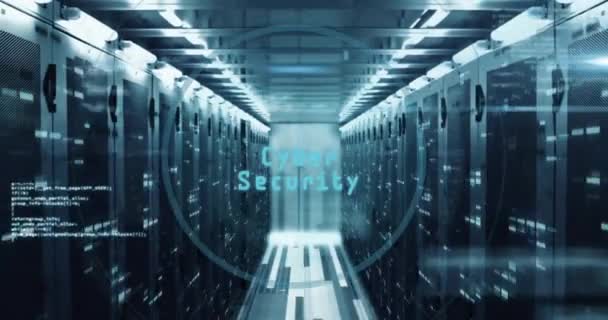 Animation Cybersikkerhedstekst Med Digital Databehandling Computerservere Globale Forbindelser Cloud Computing – Stock-video