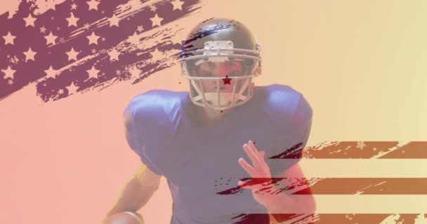 アメリカのフットボール選手とアメリカの国旗のアニメーション アメリカの愛国心 スポーツ 競技コンセプト デジタル生成ビデオ — ストック動画