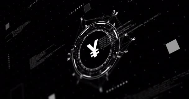 Animatie Van Het Netwerk Met Gegevensverwerking Yen Tekens Zwarte Achtergrond — Stockvideo