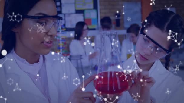 Kimya Dersinde Deney Yapan Çeşitli Okul Kızları Üzerinde Element Yapılarının — Stok video