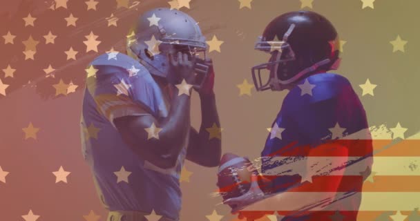 Animation Των Διαφόρων Αμερικανικών Ποδοσφαιριστών Μπάλα Και Σημαία Των Ηπα — Αρχείο Βίντεο