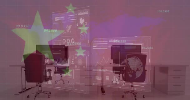 배경에 컴퓨터와 데이터 처리를 중국의 국기의 애니메이션 글로벌 컴퓨팅 디지털 — 비디오