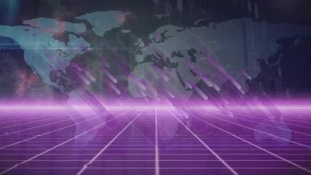 Animace Růžových Světelných Stop Skeneru Sítě Mapy Světa Přes Zářící — Stock video