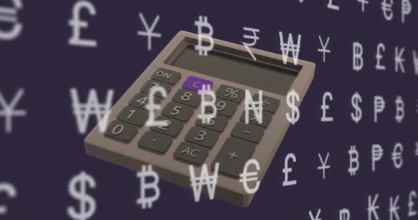 Анимация Валютных Символов Калькулятора Темном Фоне Мировые Финансы Бизнес Связи — стоковое видео
