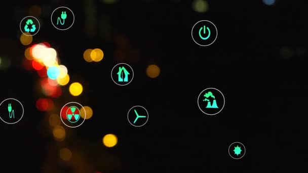 Animation Von Öko Icons Und Datenverarbeitung Über Unscharfe Stadtbeleuchtung Globales — Stockvideo