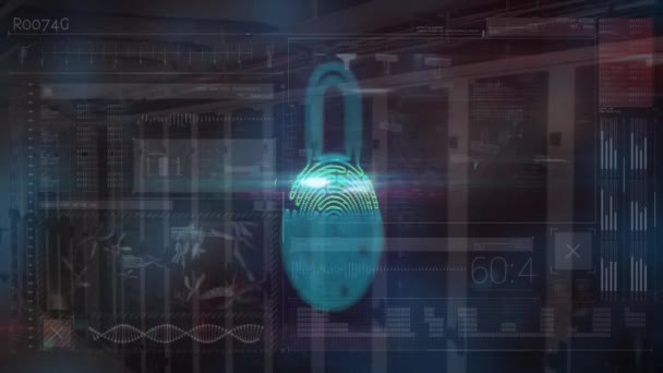 Animatie Van Biometrische Hangslot Met Digitale Gegevensverwerking Computerservers Mondiale Cyberbeveiliging — Stockvideo