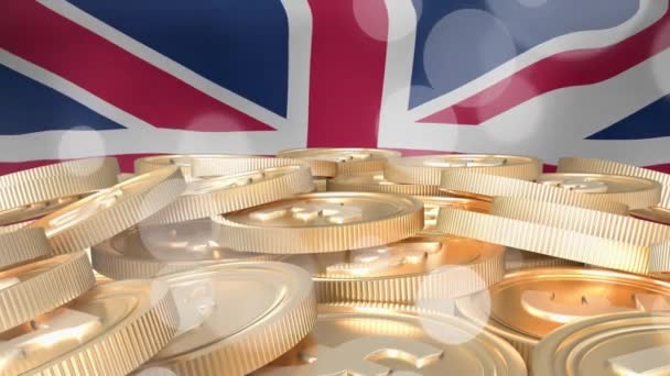 欧元硬币在英国国旗上的动画 全球金融 计算和数据处理概念 — 图库视频影像